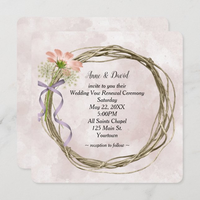 Wedding Vow Renewal Wreath On Pink Watercolor Invitation (Front/Back)