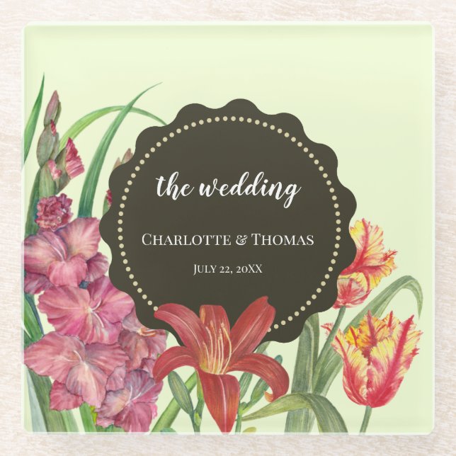 Wedding Warm Colour Floral Spring Blooms Painting Glass Coaster (Front)