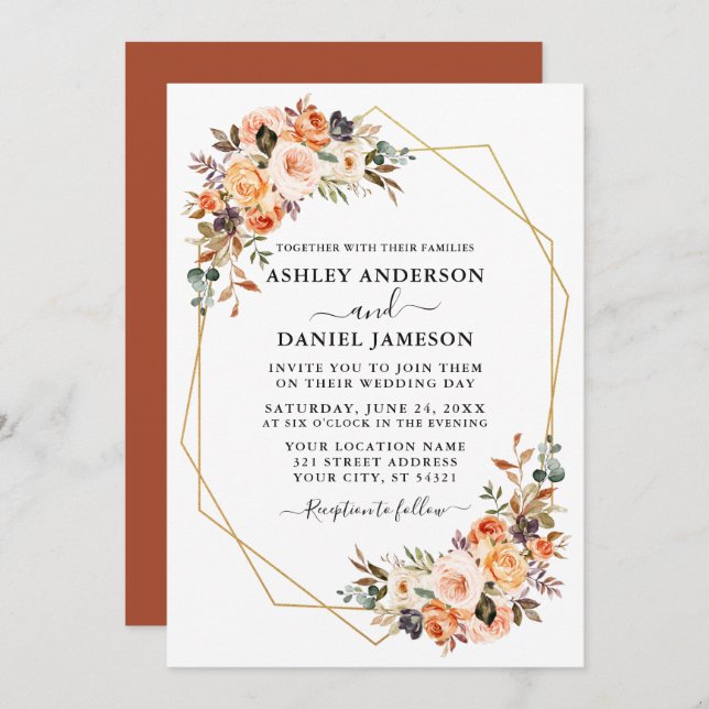 Wedding Watercolor Autumn Floral Geo Terracotta Invitation (Front/Back)