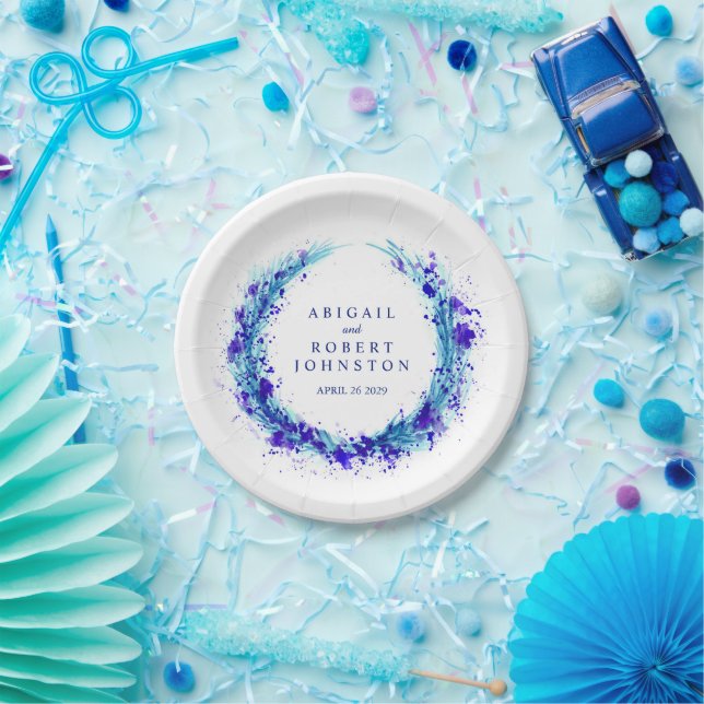 Wedding watercolor blue wreath names paper plate (Party)
