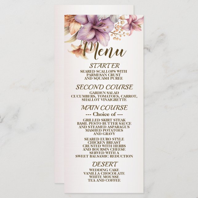 Wedding Watercolor Boho Pink Flowers Elegant Menu (Front/Back)