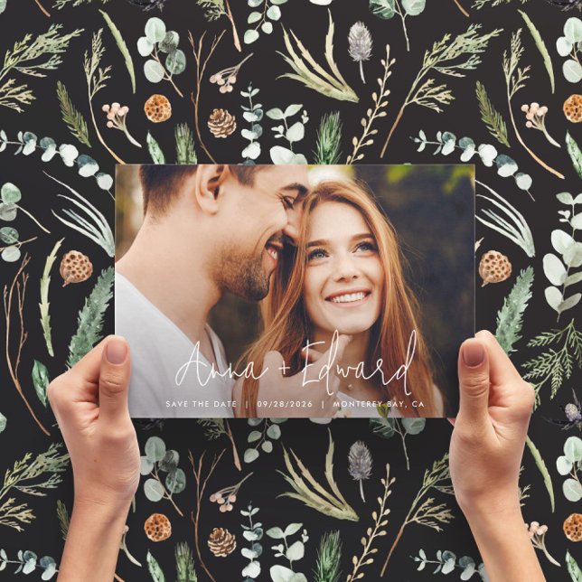  Wedding watercolor botanical black modern photo Save The Date (Creator Uploaded)