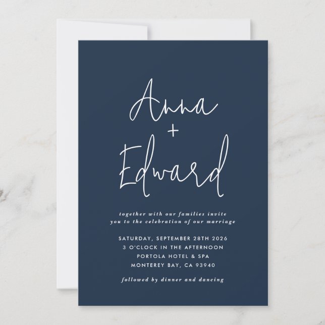  Wedding watercolor botanical floral navy blue Invitation (Front)