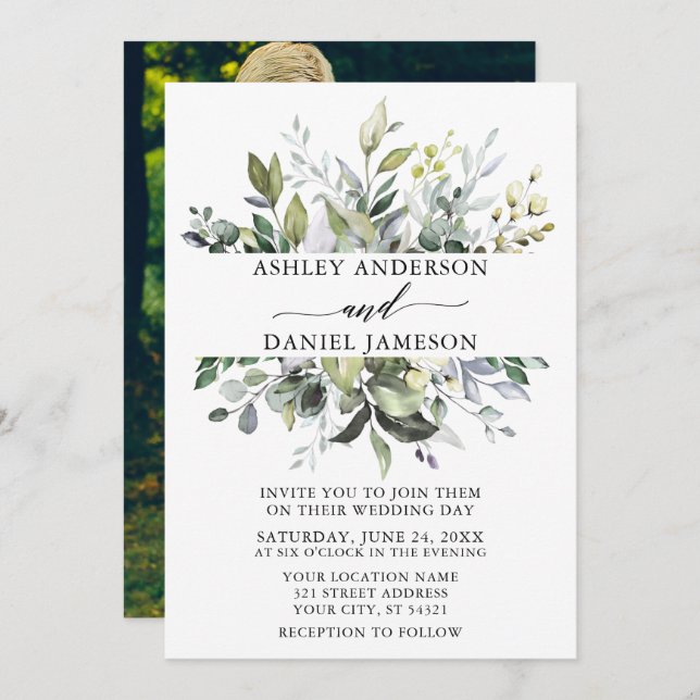 Wedding Watercolor Botanical Greenery Photo Invitation (Front/Back)
