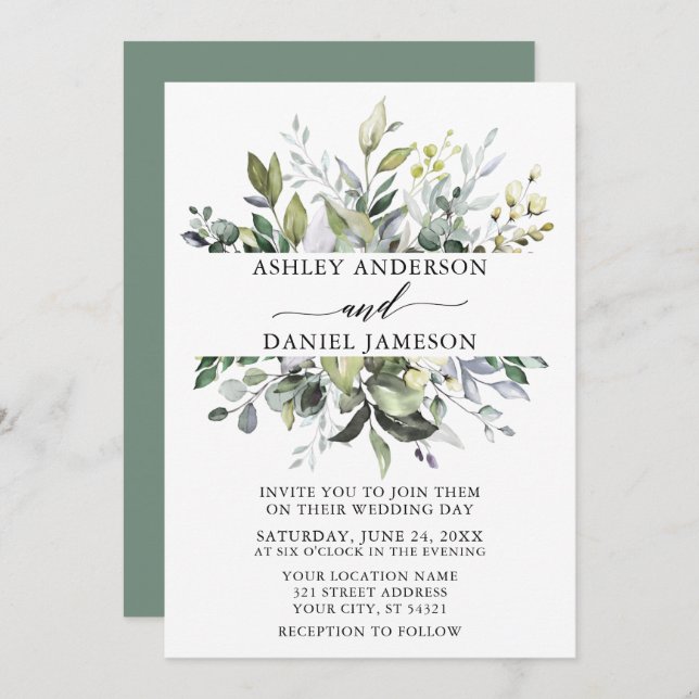 Wedding Watercolor Botanical Greenery Sage Green Invitation (Front/Back)