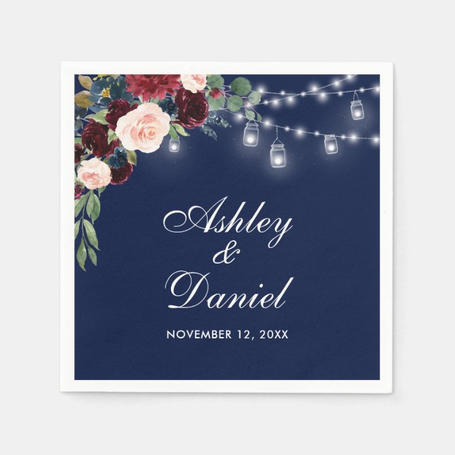 Wedding Watercolor Burgundy Blue Floral Lights Napkin (Front)