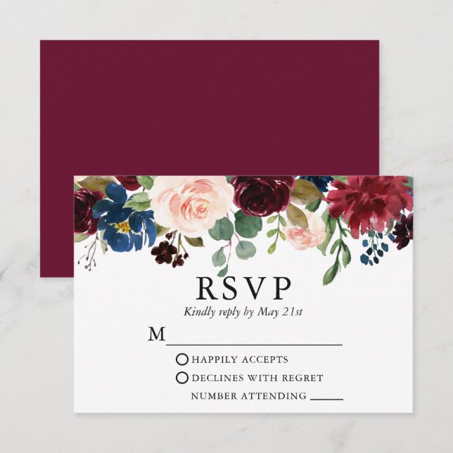 Wedding Watercolor Burgundy Blue Pink Floral RSVP  Card (Front/Back)