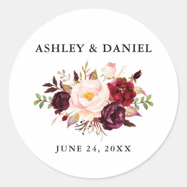 Wedding Watercolor Burgundy Floral Classic Round Sticker (Front)