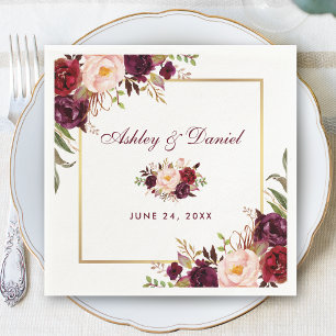 Wedding Watercolor Burgundy Floral Gold Napkin
