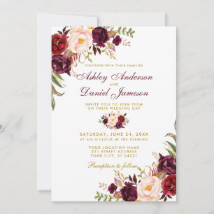 Wedding Watercolor Burgundy Floral Gold W Invitation