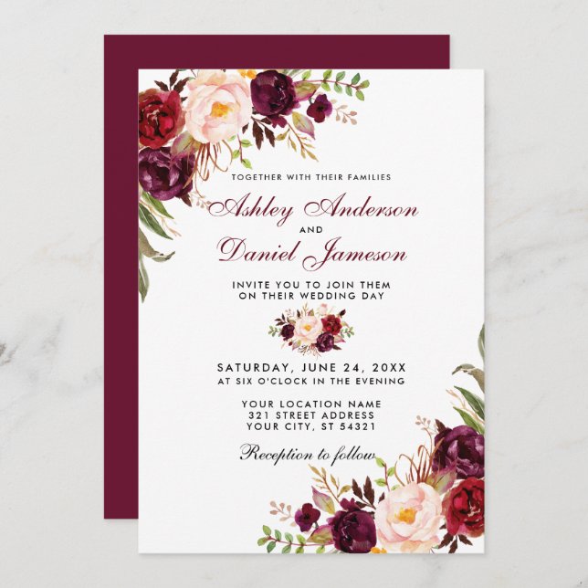 Wedding Watercolor Burgundy Floral Invitation (Front/Back)
