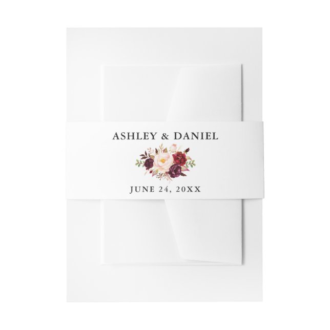 Wedding Watercolor Burgundy Floral Invitation Belly Band (Front Example)