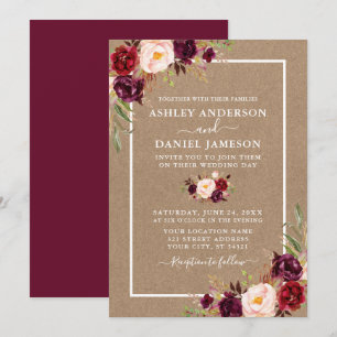 Wedding Watercolor Burgundy Floral Kraft Invitation