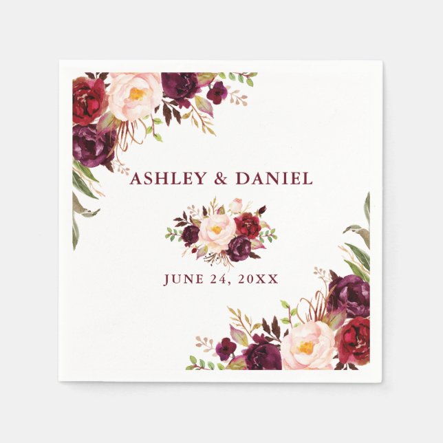 Wedding Watercolor Burgundy Floral Napkin (Front)