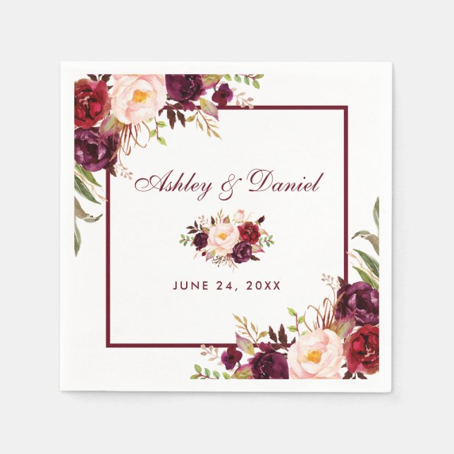 Wedding Watercolor Burgundy Floral Napkin (Front)