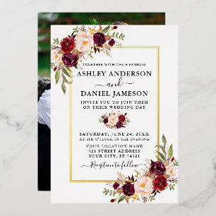 Wedding Watercolor Burgundy Floral Photo Gold