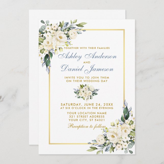 Wedding Watercolor Dusty Blue White Floral Photo Invitation (Front/Back)