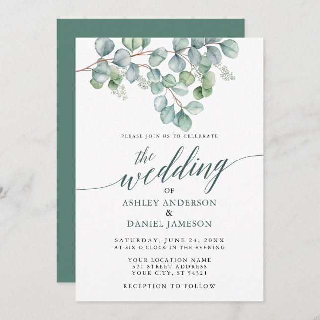 Wedding Watercolor Eucalyptus Greenery Calligraphy Invitation (Front/Back)