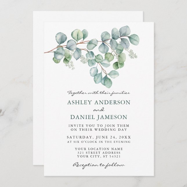 Wedding Watercolor Eucalyptus Greenery Photo Invitation (Front/Back)