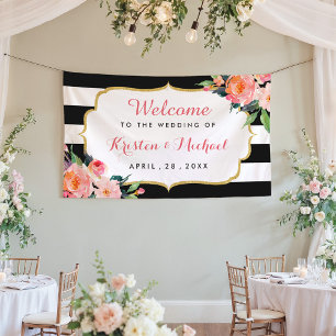 Wedding Watercolor Floral Black White Stripes Banner