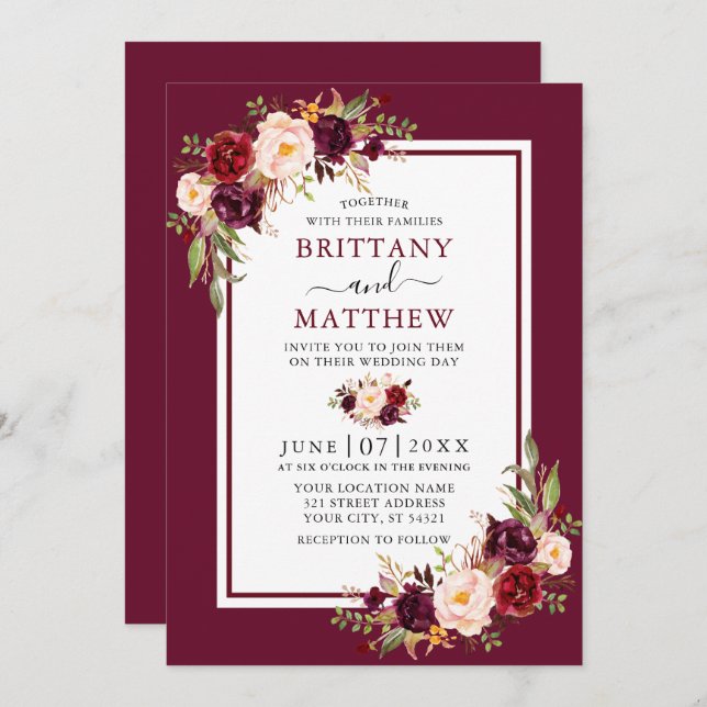 Wedding Watercolor Floral Burgundy Frame Invitation (Front/Back)