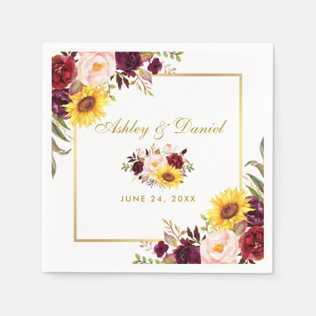 Wedding Watercolor Floral Gold Napkin (Front)