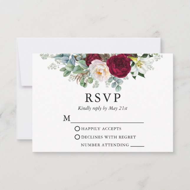 Wedding Watercolor Floral Greenery Burgundy RSVP Card (Front)