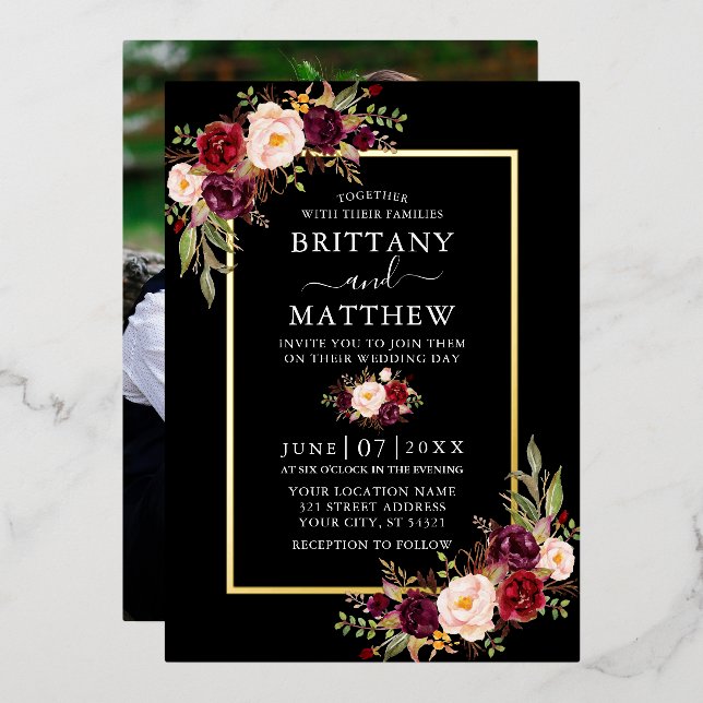 Wedding Watercolor Floral Photo Black Gold (Front/Back)