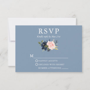 Wedding Watercolor Floral Pink Dusty Blue RSVP Card
