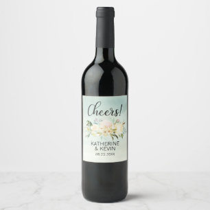 Wedding Watercolor Floral Pink Green CHEERS! Wine Label