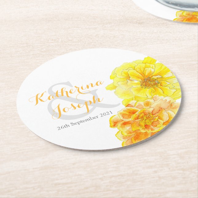 Wedding watercolor flower marigold paper coasters (Angled)