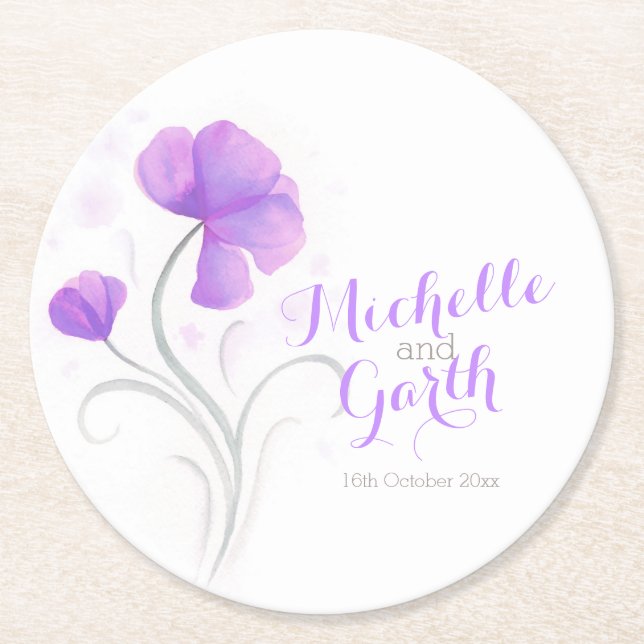 Wedding watercolor flower purple paper coasters (Front)