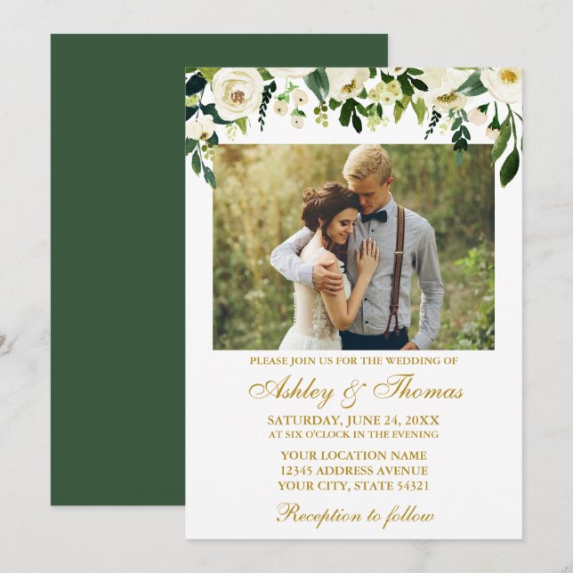 Wedding Watercolor Green Floral Photo Gold Invitation (Front/Back)