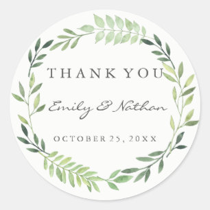 Wedding Watercolor Leaf Wreath Thank You Sticker
