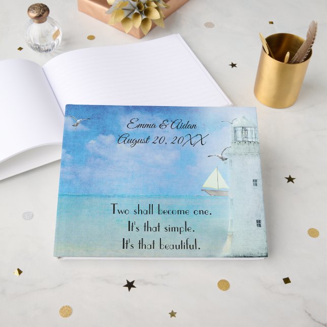 Wedding Watercolor Lighthouse With Seagulls Guest Book (Front Open)