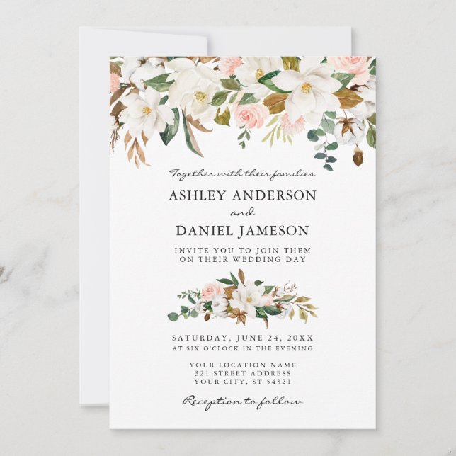 Wedding Watercolor Magnolias Roses Greenery Invitation (Front)