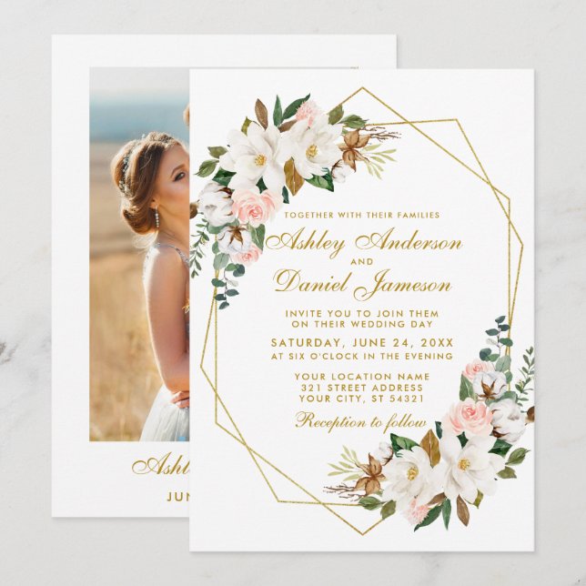 Wedding Watercolor Magnolias Roses Photo Gold Invitation (Front/Back)