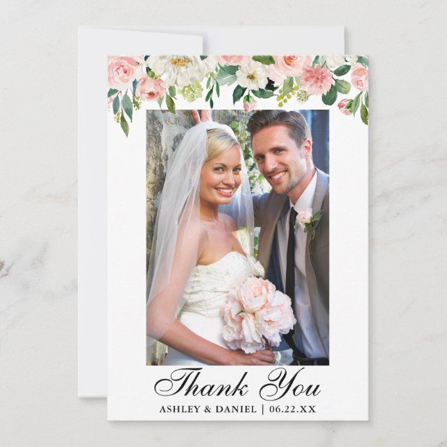 Wedding Watercolor Pink Blush Photo Thank You Card (Front)