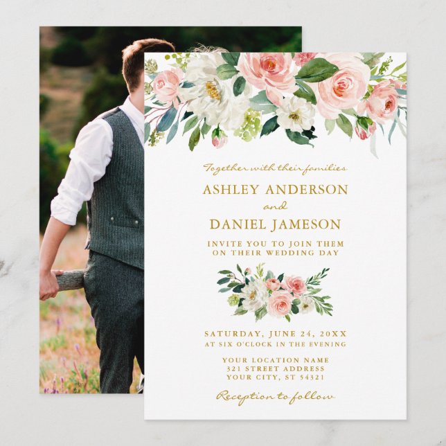 Wedding Watercolor Pink Floral Gold Photo Invitation (Front/Back)