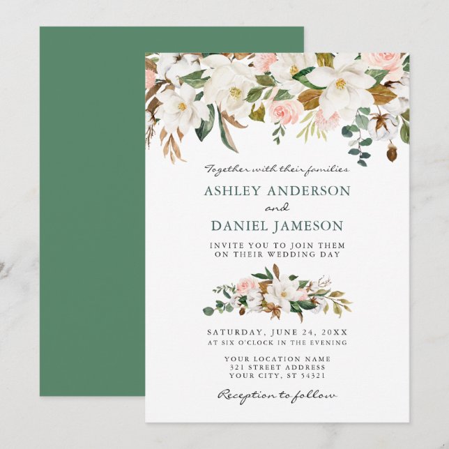 Wedding Watercolor Pink Roses White Magnolias Invitation (Front/Back)