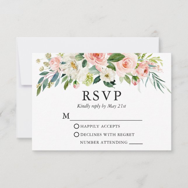 Wedding Watercolor Pink White Floral Elegant RSVP Card (Front)