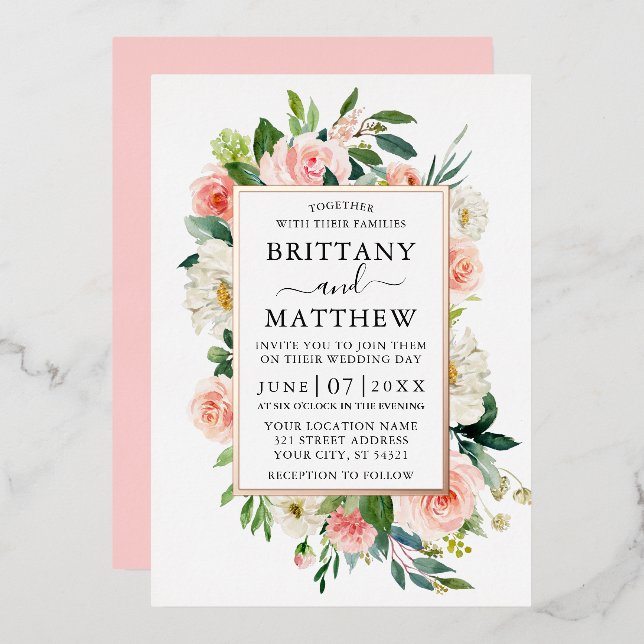 Wedding Watercolor Pink White Floral Rose Gold (Front/Back)