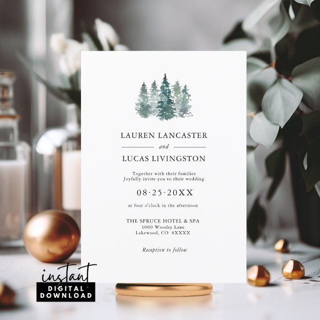 Wedding Watercolor Rustic Pine Trees Deep Green Invitation (Wedding Watercolor Rustic Pine Trees Deep Green Mountain Woodland Winter Scene Invitation)