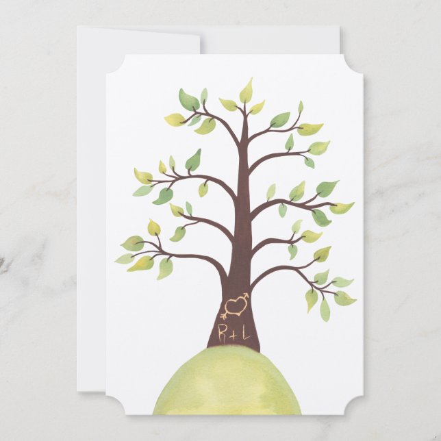 Wedding Watercolor Tree Initials Carved in Trunk Invitation (Front)