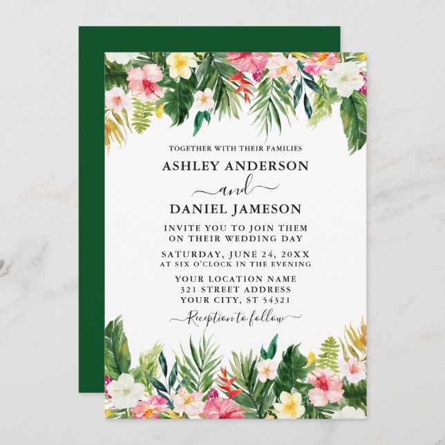 Wedding Watercolor Tropical Floral Greenery Green Invitation (Front/Back)