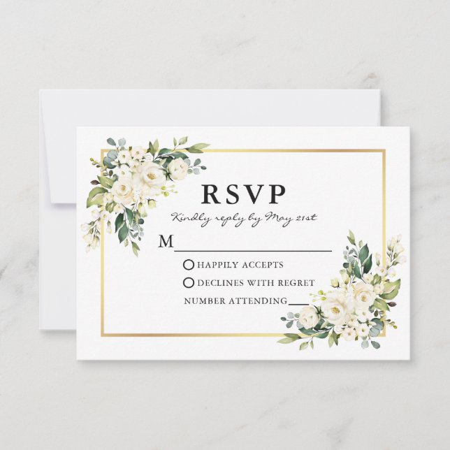 Wedding Watercolor White Floral Greenery RSVP Card (Front)