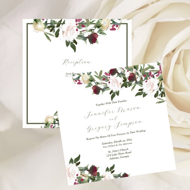 Wedding Watercolor White Roses Cranberry Flowers Invitation (Wedding Watercolor White Roses Cranberry Flowers Invitation)
