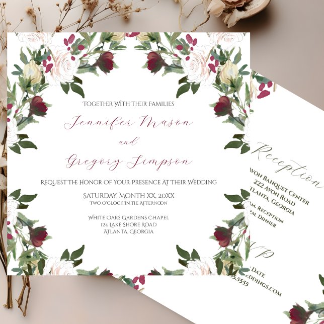 Wedding Watercolor White Roses with Cranberry Invitation (Wedding Watercolor White Roses with Cranberry Invitation)