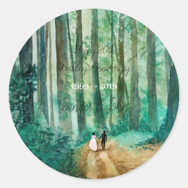 Wedding Watercolor woodland landscape Classic Round Sticker (Front)