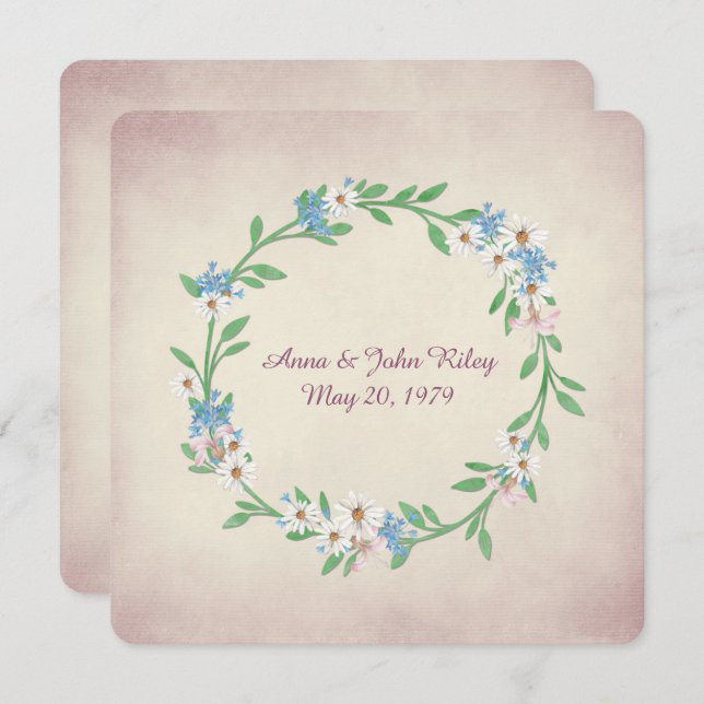 wedding watercolor wreath with daisies and lilies invitation (Front/Back)